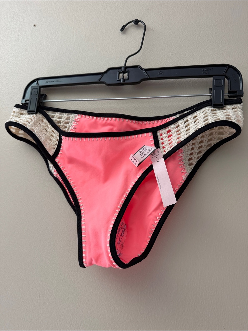 Victoria's Secret Neon Pink Bikini Bottom with Cream Crochet and Black Trim